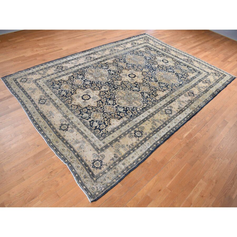 9'4"x13'9" Midnight Blue, Antique Persian Tabriz, Even Wear, Clean and Soft, 100% Wool, Hand Knotted, Oriental Rug Sh87939 - Image 3