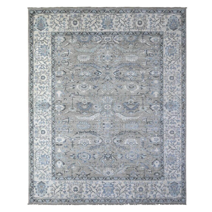 8'1"x10'1" Westchester Gray With Snowfall White Border, Sickle Leaf Design, Hand Knotted Fine Peshawar Heriz, Velvety Wool, Vegetable Dyes, Denser Weave, Oriental Rug Sh88076