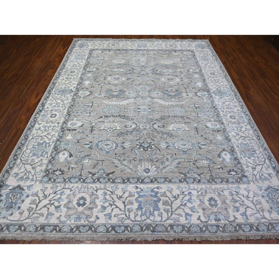 8'1"x10'1" Westchester Gray With Snowfall White Border, Sickle Leaf Design, Hand Knotted Fine Peshawar Heriz, Velvety Wool, Vegetable Dyes, Denser Weave, Oriental Rug Sh88076 - Image 2