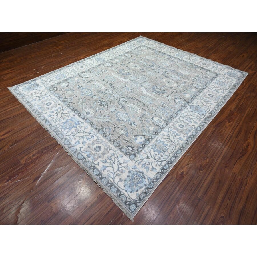 8'1"x10'1" Westchester Gray With Snowfall White Border, Sickle Leaf Design, Hand Knotted Fine Peshawar Heriz, Velvety Wool, Vegetable Dyes, Denser Weave, Oriental Rug Sh88076 - Image 3