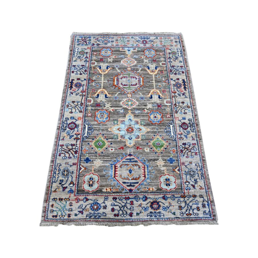 3'x4'10" Misty Gray, Hand Knotted, Karajeh Design Tribal Medallions, Extra Soft Wool, Vegetable Dyes, Oriental Rug Sh88258