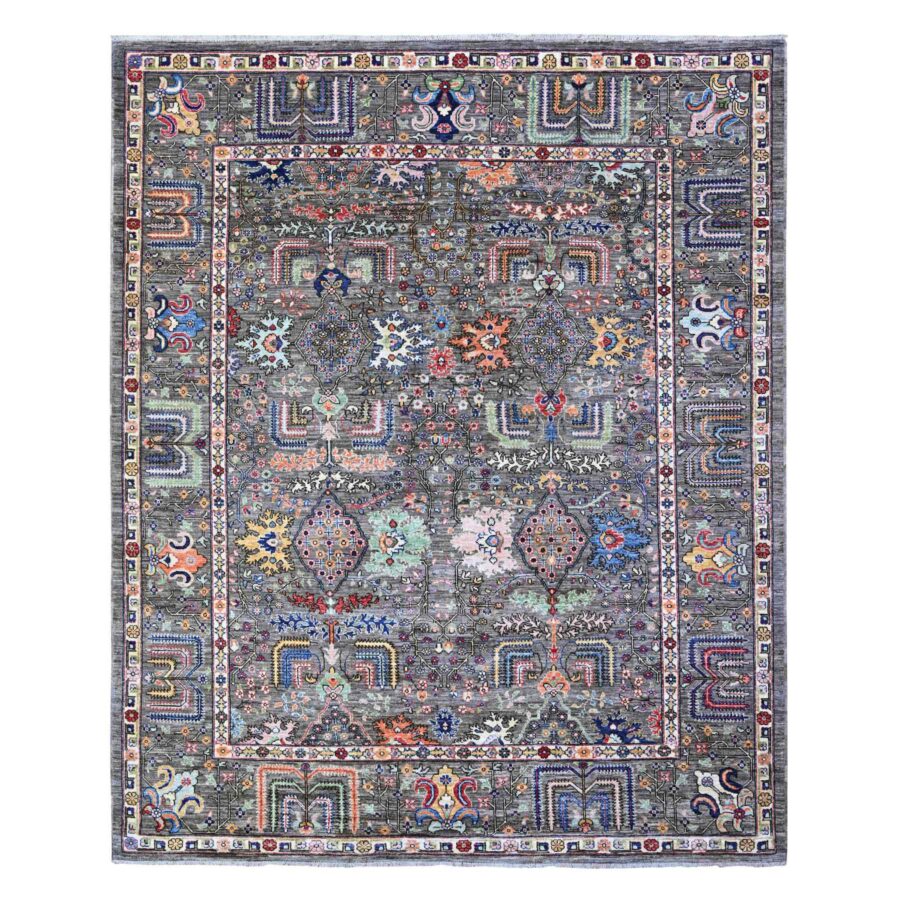 8'2"x10' Knoxville Gray, Dense Weave, Vibrant Wool, Fine Aryana, Colorful Willow Tree Design, Hand Knotted, Natural Dyes, Oriental Rug Sh88268