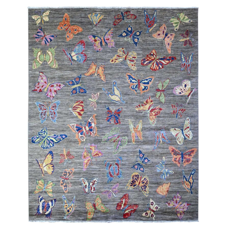 7'8"x9'7" Shark Gray, All Wool Fine Peshawar All Over Colorful Butterflies Design, Hand Knotted Oriental Novelty Rug Sh88278