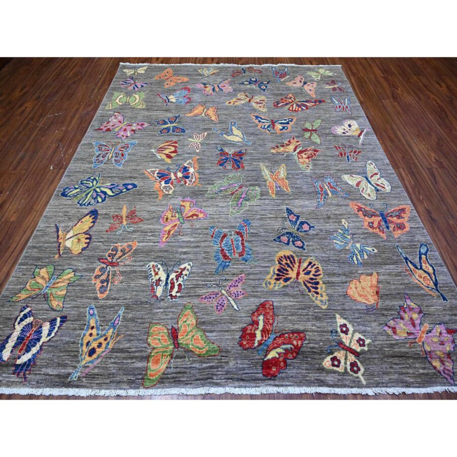 7'8"x9'7" Shark Gray, All Wool Fine Peshawar All Over Colorful Butterflies Design, Hand Knotted Oriental Novelty Rug Sh88278 - Image 2