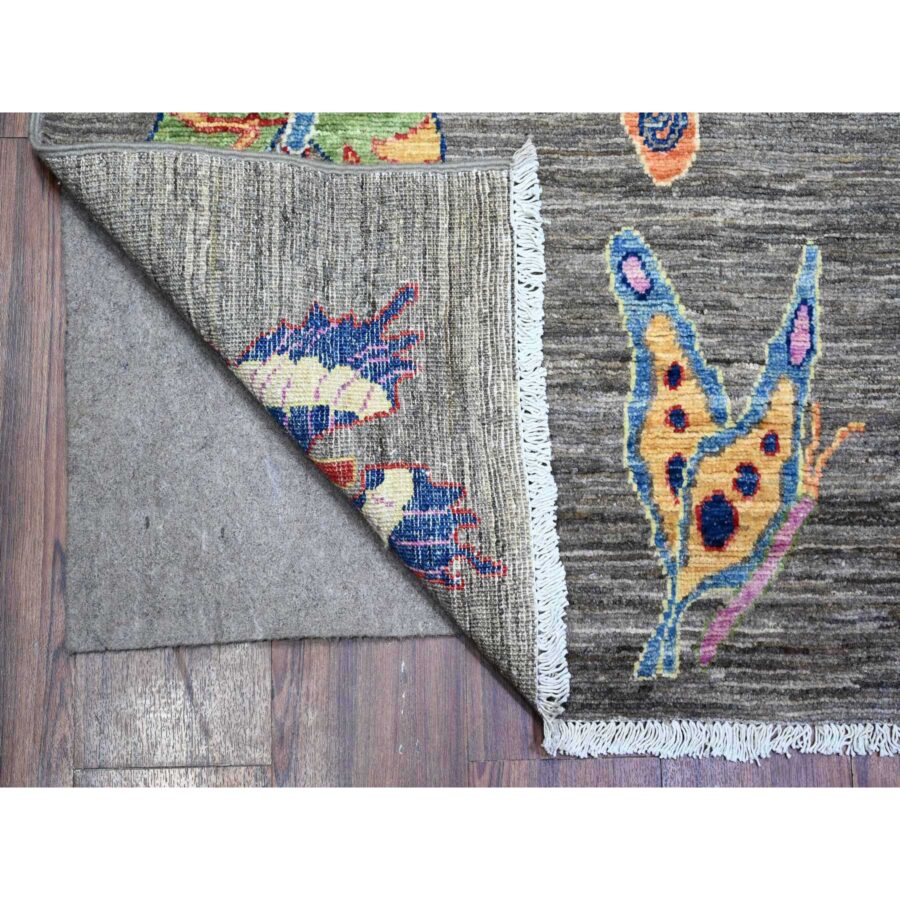 7'8"x9'7" Shark Gray, All Wool Fine Peshawar All Over Colorful Butterflies Design, Hand Knotted Oriental Novelty Rug Sh88278 - Image 4