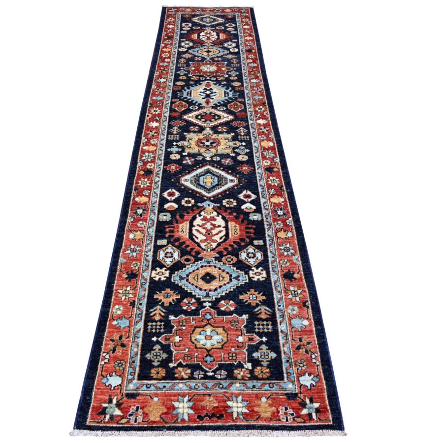 2'7"x11'7" Mid Night Blue with Barn Red Border, Karajeh Design, Good Condition, Soft Wool Hand Knotted, Fine Aryana, Runner Oriental Rug Sh88336