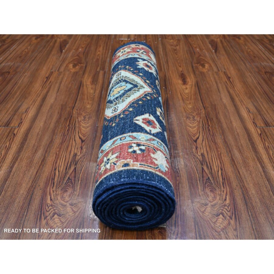 2'7"x11'7" Mid Night Blue with Barn Red Border, Karajeh Design, Good Condition, Soft Wool Hand Knotted, Fine Aryana, Runner Oriental Rug Sh88336 - Image 4