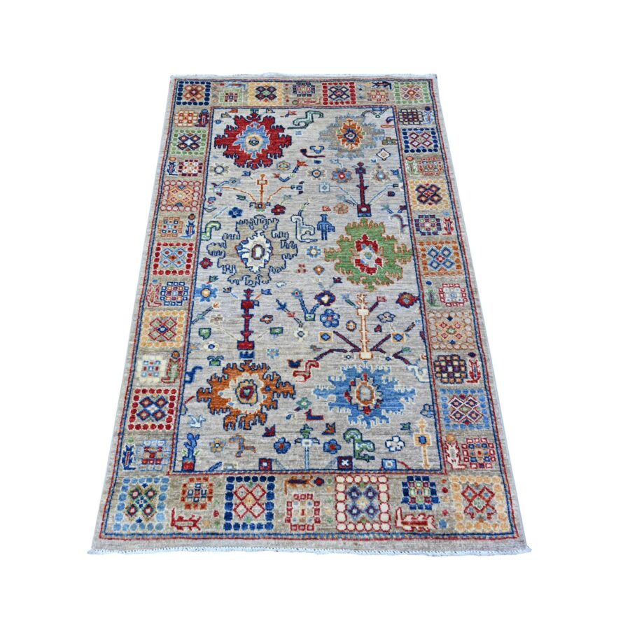3'1"x5' White Gray, Aryana Collection, Mahal Design with Geometric Leaf Elements, Vegetable Dyes, Extra Soft Wool, Hand Knotted, Oriental Rug Sh88341