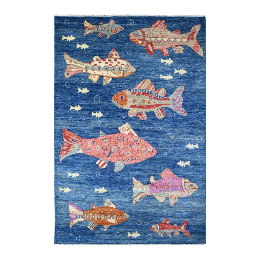 5'10"x8'10" Celestial Blue, Afghan Peshawar Oceanic Colorful Fish Design, Natural and Shiny Wool, Hand Knotted, Oriental Rug Sh88390