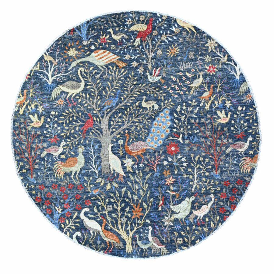 7'10"x7'10" Millennium Blue, Hand Knotted, Organic Wool, Afghan Peshawar with Birds of Paradise, Vegetable Dyes, Round, Oriental Rug Sh88400