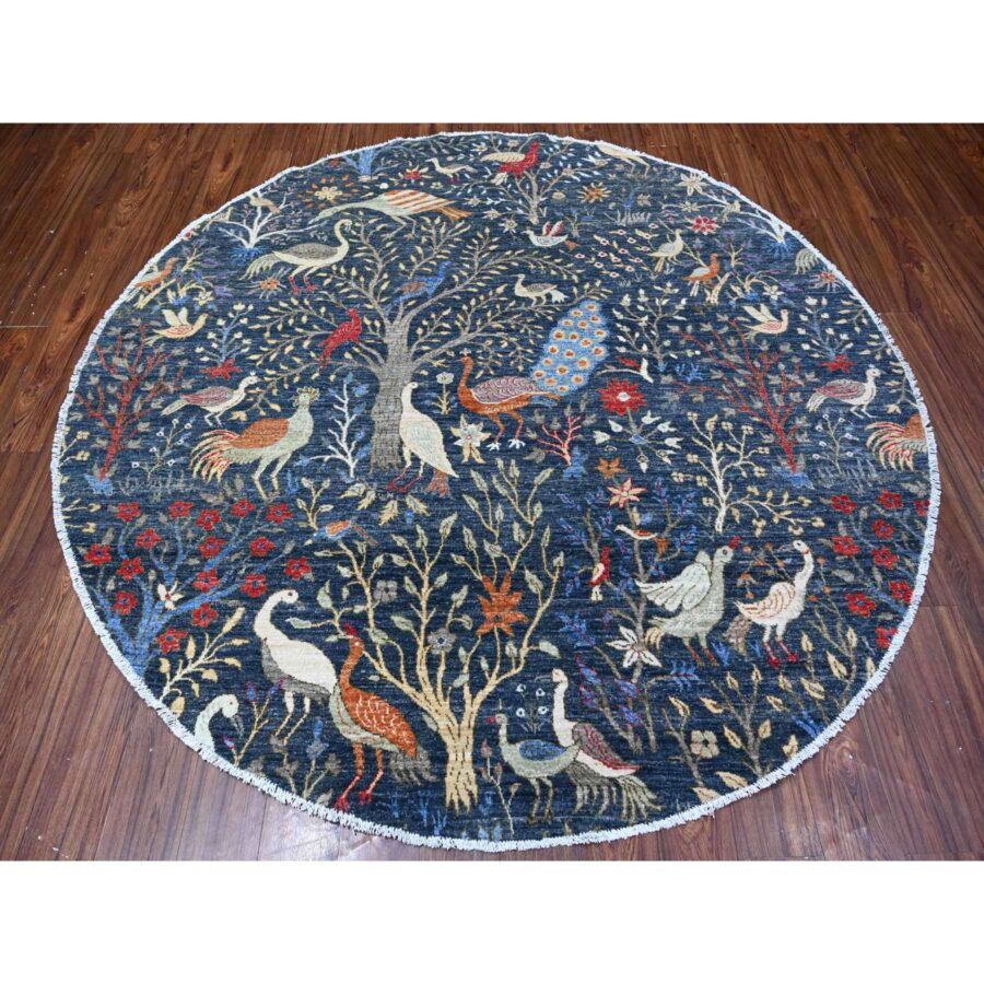 7'10"x7'10" Millennium Blue, Hand Knotted, Organic Wool, Afghan Peshawar with Birds of Paradise, Vegetable Dyes, Round, Oriental Rug Sh88400 - Image 2
