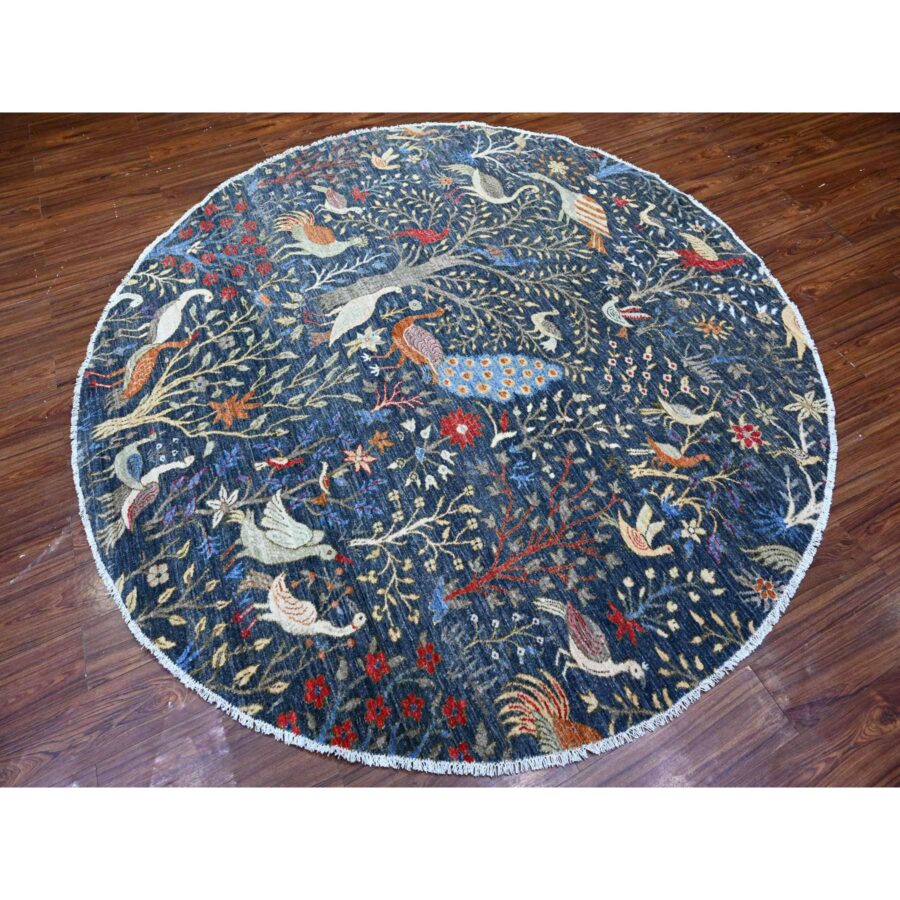 7'10"x7'10" Millennium Blue, Hand Knotted, Organic Wool, Afghan Peshawar with Birds of Paradise, Vegetable Dyes, Round, Oriental Rug Sh88400 - Image 3