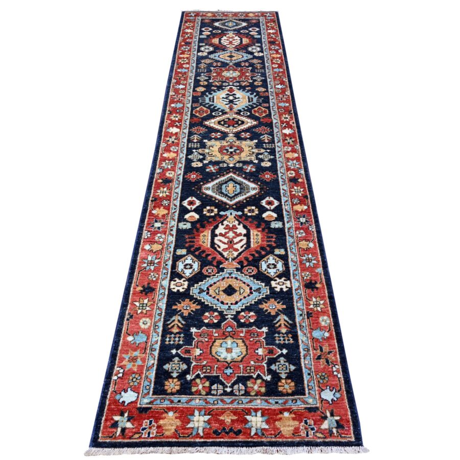 2'7"x11'8" Braves Navy Blue with Barn Red Border, Fine Aryana, Karajeh Design, Luxorious Wool, Hand Knotted,  Runner Oriental Rug Sh88403