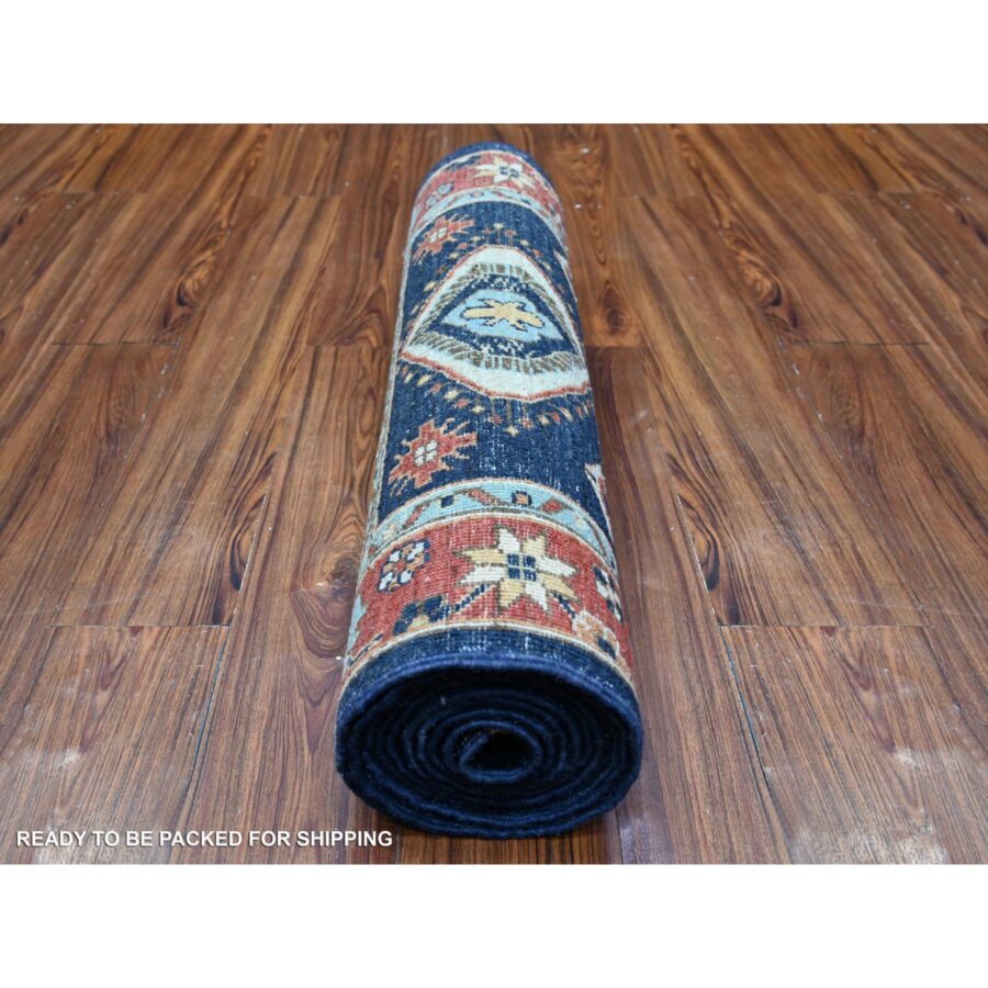2'7"x11'8" Braves Navy Blue with Barn Red Border, Fine Aryana, Karajeh Design, Luxorious Wool, Hand Knotted,  Runner Oriental Rug Sh88403 - Image 4