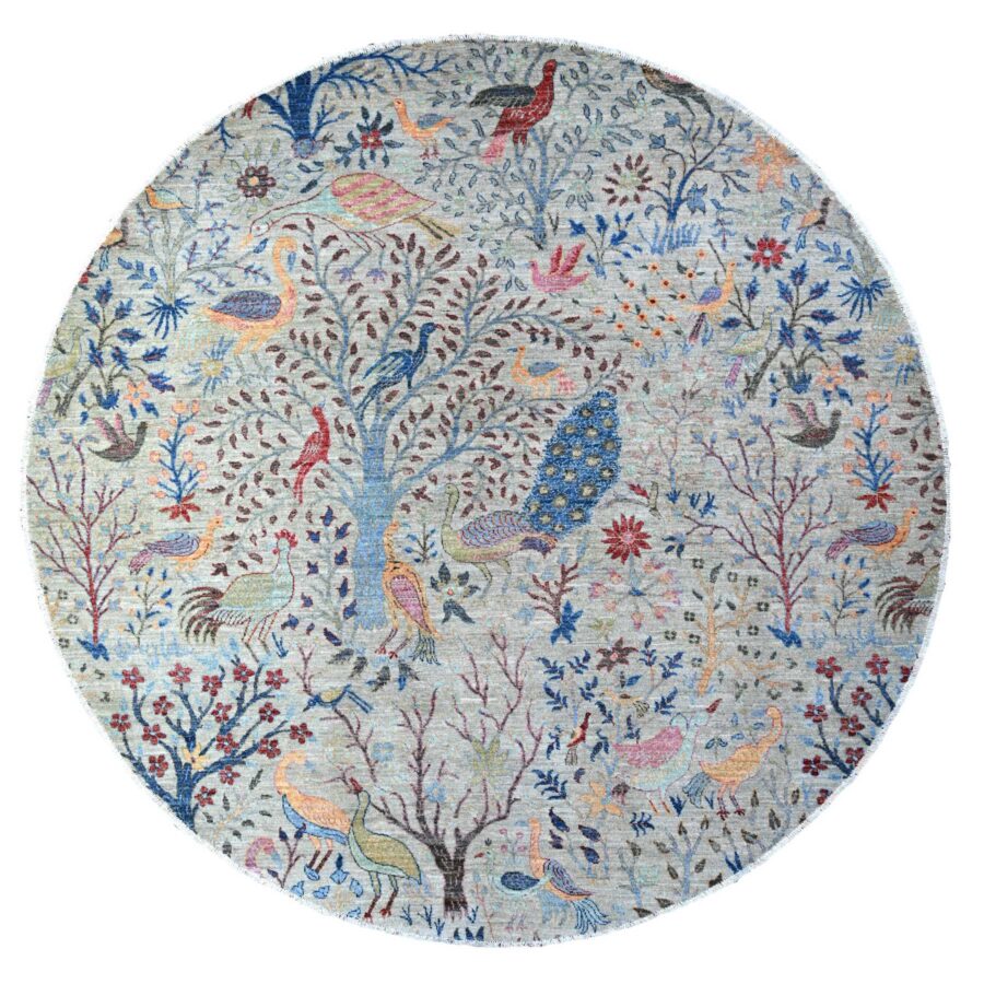 8'2"x8'2" Gainsboro Gray, Vegetable Dyes, Organic Wool, Afghan Peshawar with Birds of Paradise, Hand Knotted, Round, Oriental Rug Sh88413