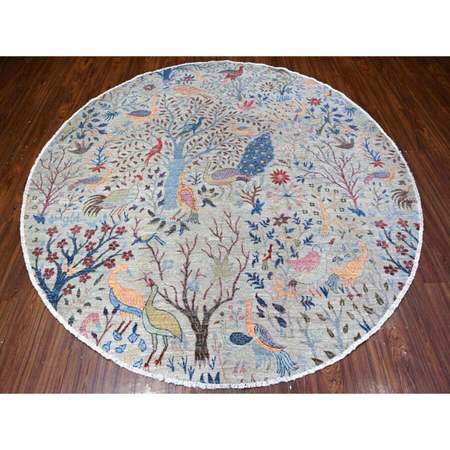 8'2"x8'2" Gainsboro Gray, Vegetable Dyes, Organic Wool, Afghan Peshawar with Birds of Paradise, Hand Knotted, Round, Oriental Rug Sh88413 - Image 2
