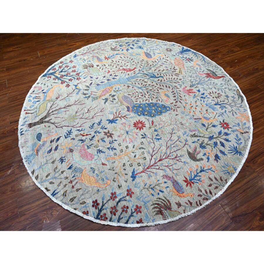 8'2"x8'2" Gainsboro Gray, Vegetable Dyes, Organic Wool, Afghan Peshawar with Birds of Paradise, Hand Knotted, Round, Oriental Rug Sh88413 - Image 3