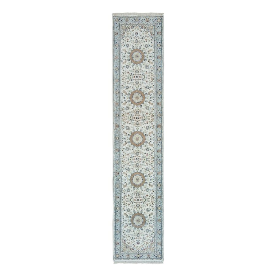 2'8"x13' Powder White, Hand Knotted, Nain with Center Medallion Flower Design, 250 KPSI, Organic Wool, Runner Oriental Rug Sh90028