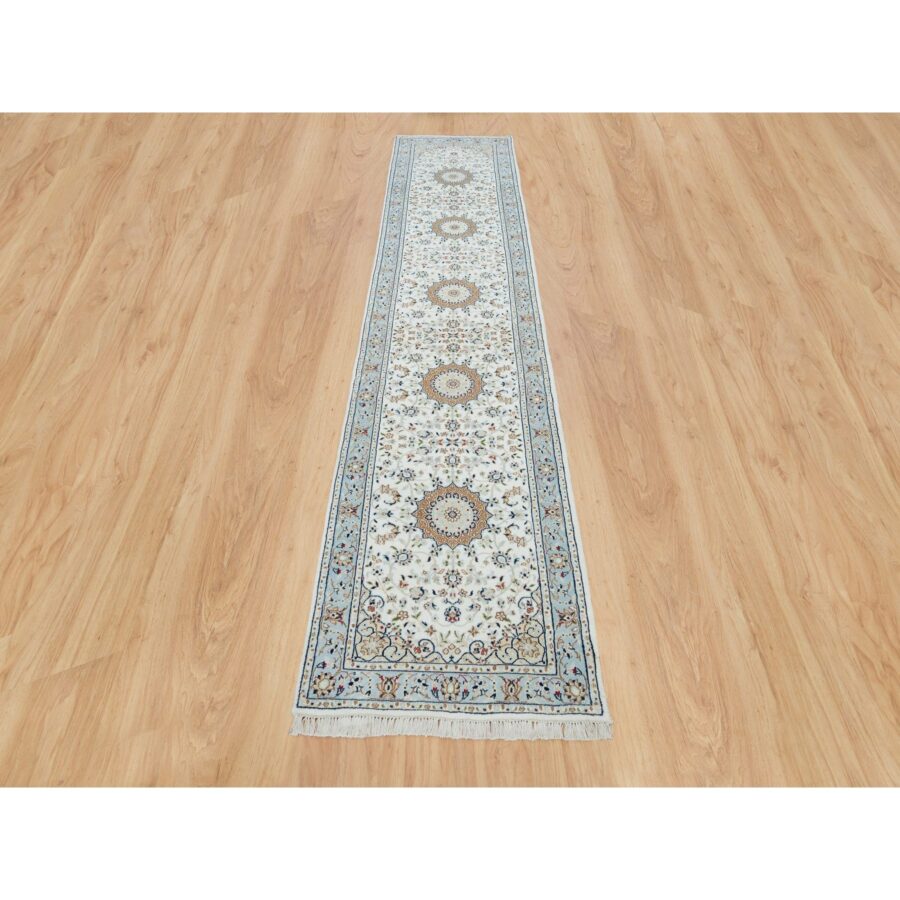 2'8"x13' Powder White, Hand Knotted, Nain with Center Medallion Flower Design, 250 KPSI, Organic Wool, Runner Oriental Rug Sh90028 - Image 2