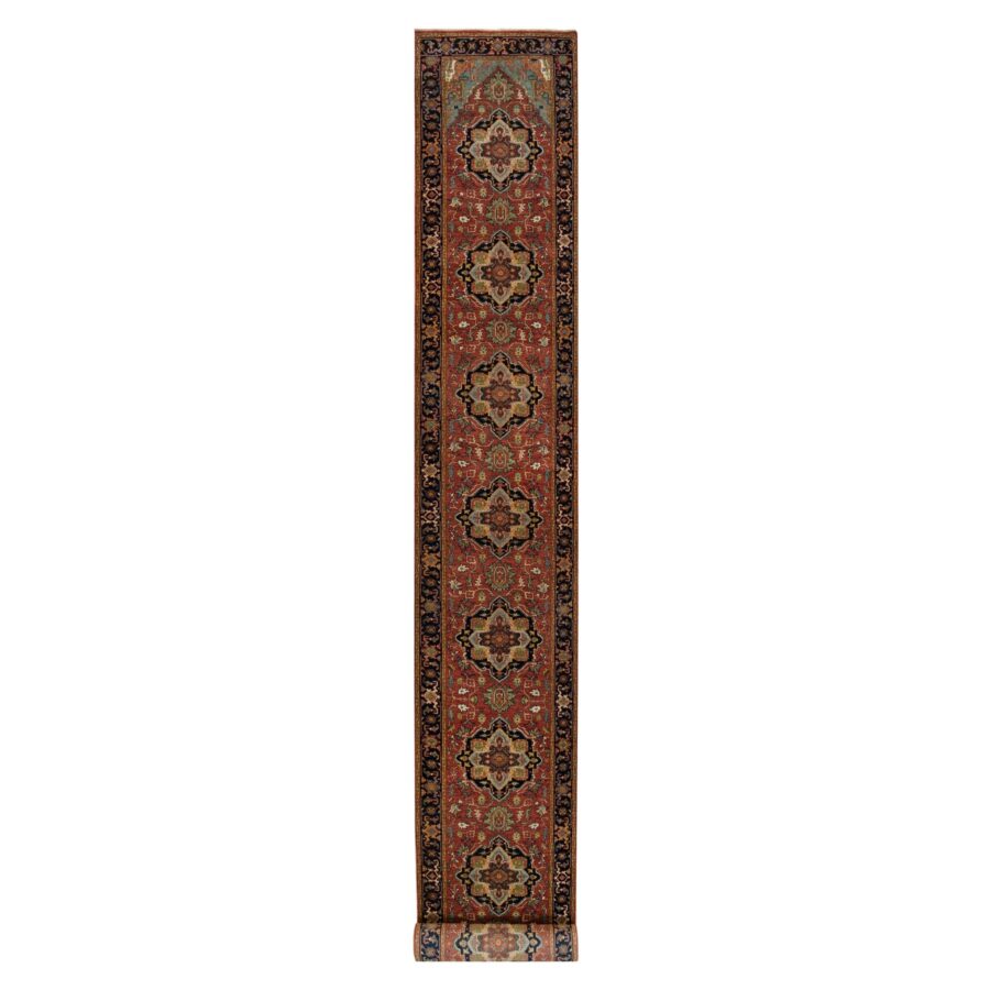 2'8"x22' Carmine Red and Dallas Cowboys Blue, Vegetable Dyes, Antiqued Heriz Re-Creation with Geometric Medallions, Extra Soft Wool, Soft and Lush Pile, XL Runner Oriental Hand Knotted Rug Sh90270