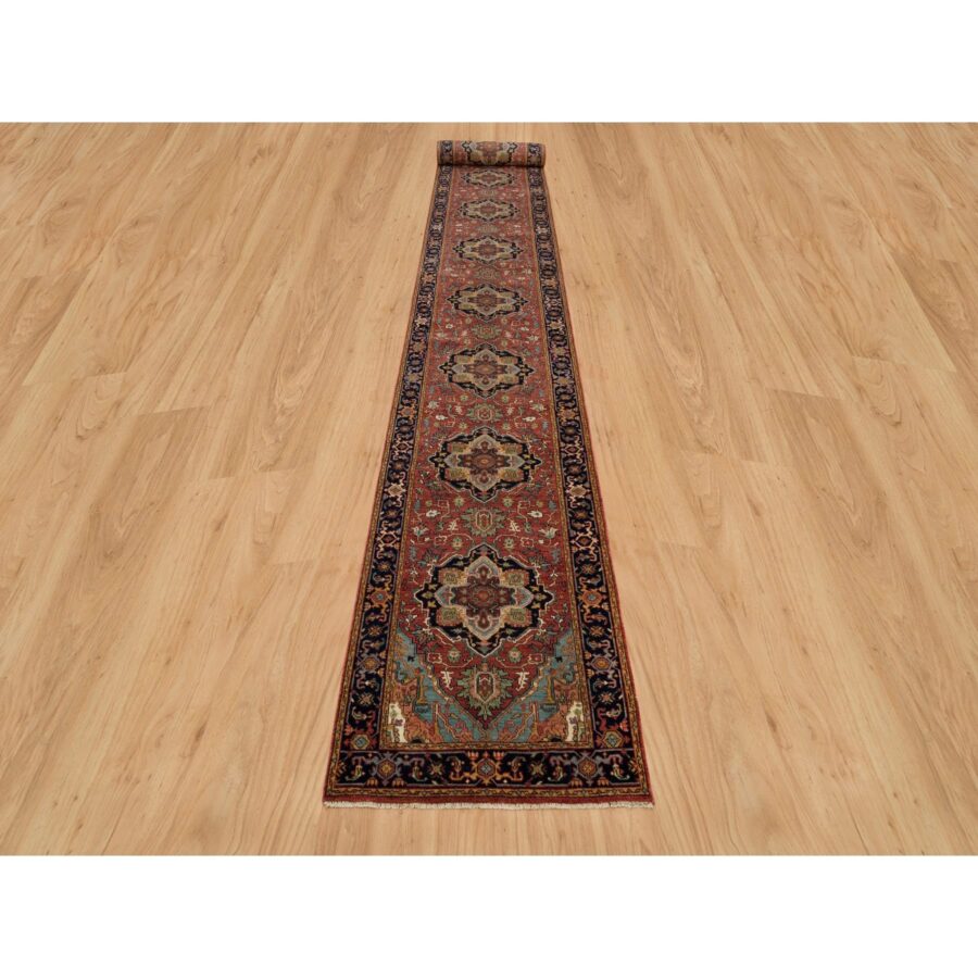 2'8"x22' Carmine Red and Dallas Cowboys Blue, Vegetable Dyes, Antiqued Heriz Re-Creation with Geometric Medallions, Extra Soft Wool, Soft and Lush Pile, XL Runner Oriental Hand Knotted Rug Sh90270 - Image 2