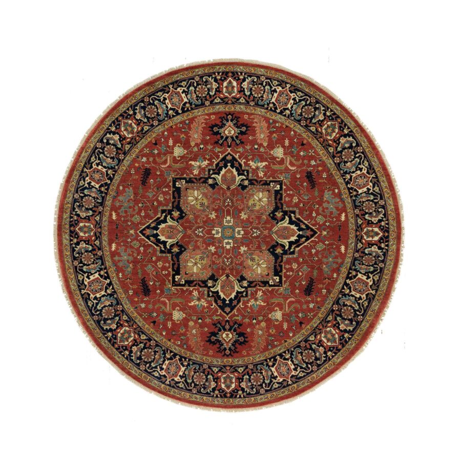 8'x8' Burnt Brick Red, Vegetable Dyes Antiqued Fine Heriz Re-Creation 100% Wool Hand Knotted, Round Oriental Densely Woven Rug Sh90285