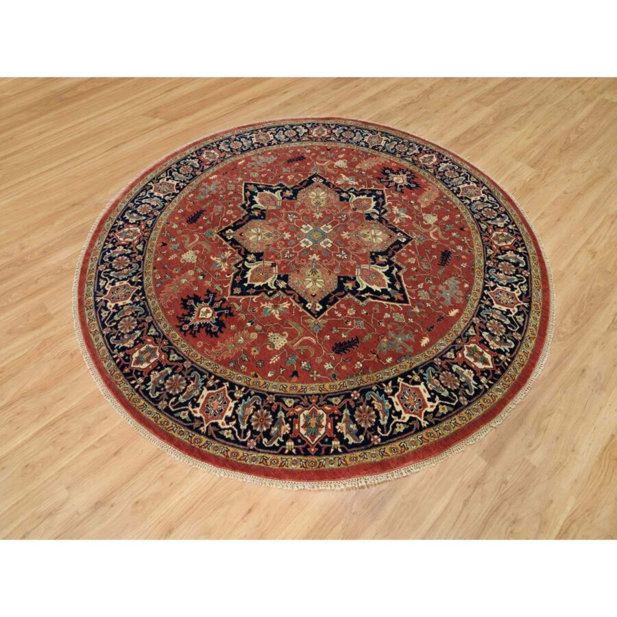 8'x8' Burnt Brick Red, Vegetable Dyes Antiqued Fine Heriz Re-Creation 100% Wool Hand Knotted, Round Oriental Densely Woven Rug Sh90285 - Image 3