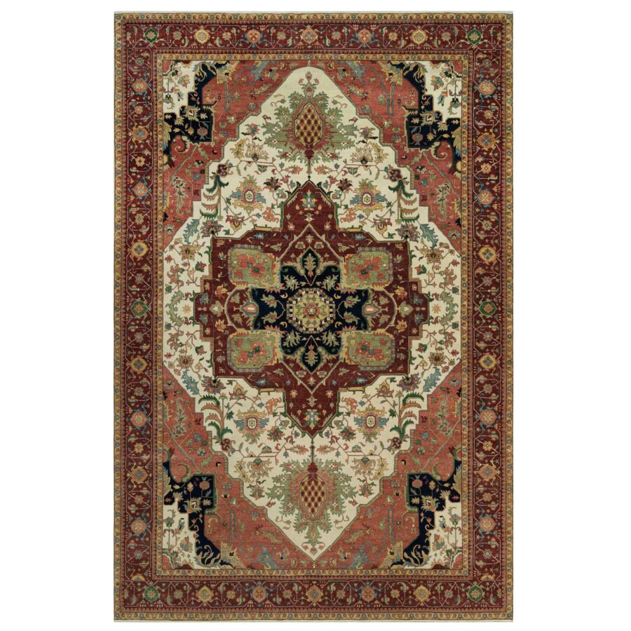 11'9"x18'2" Seedpearl White, Antiqued Fine Heriz, Re-Creation Hand Knotted 100% Wool Large Medallion Design, Natural Dyes Densely Woven, Oversized Oriental Rug Sh90291