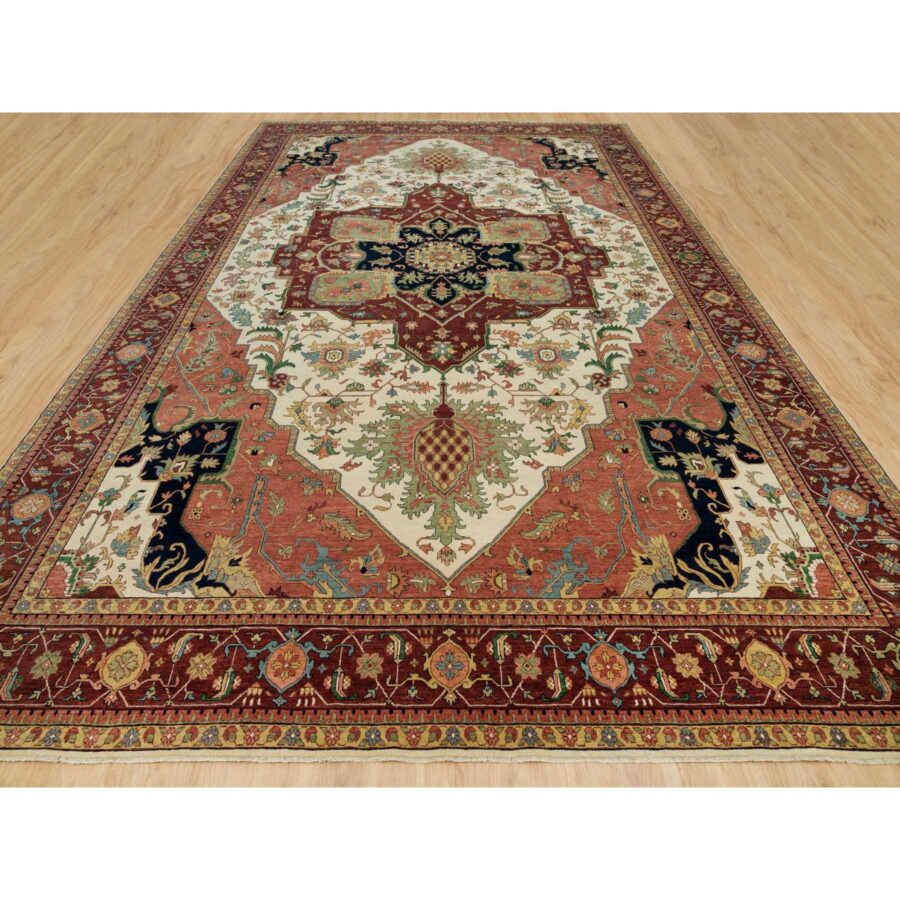 11'9"x18'2" Seedpearl White, Antiqued Fine Heriz, Re-Creation Hand Knotted 100% Wool Large Medallion Design, Natural Dyes Densely Woven, Oversized Oriental Rug Sh90291 - Image 2