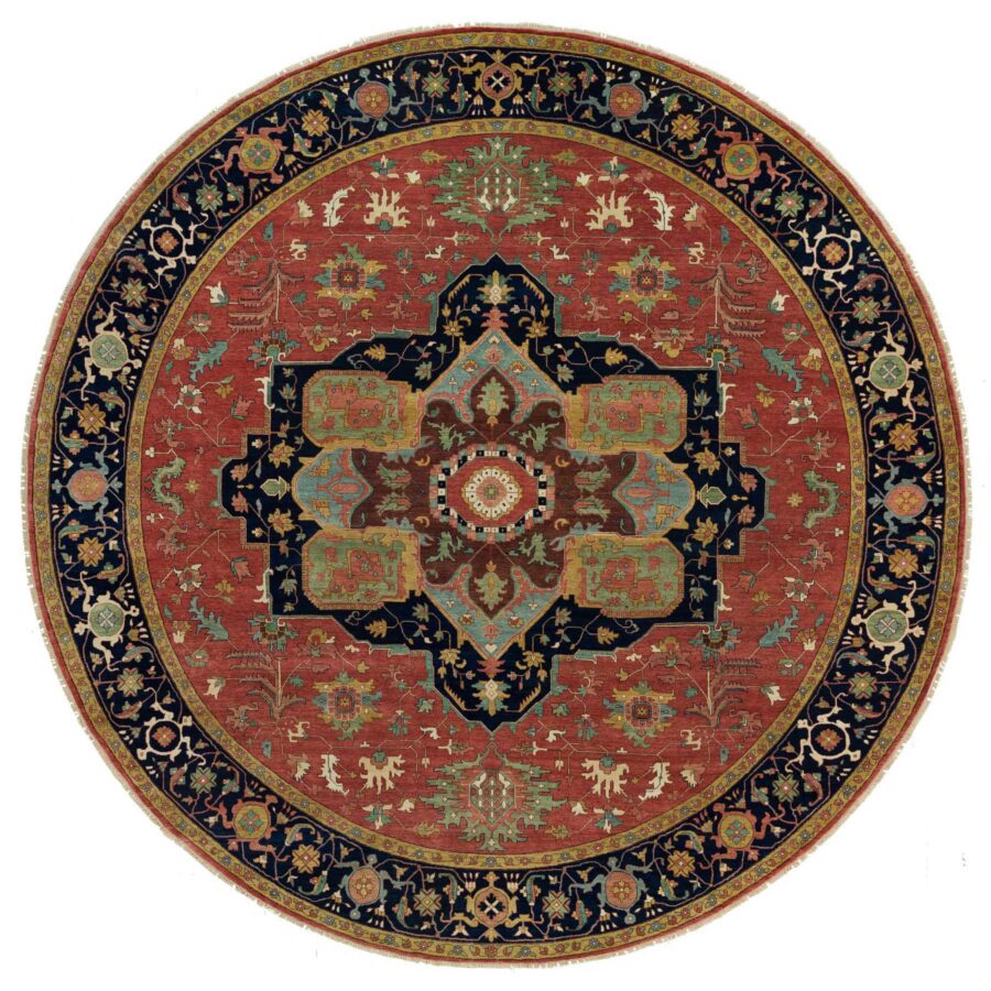 14'x14' Sangria Red With Stratos Blue Border, Antiqued Extra Soft Wool Heriz With Fine Re-Creation, Hand Knotted Oriental Soft Pile Dense Weave Round Rug Sh90297