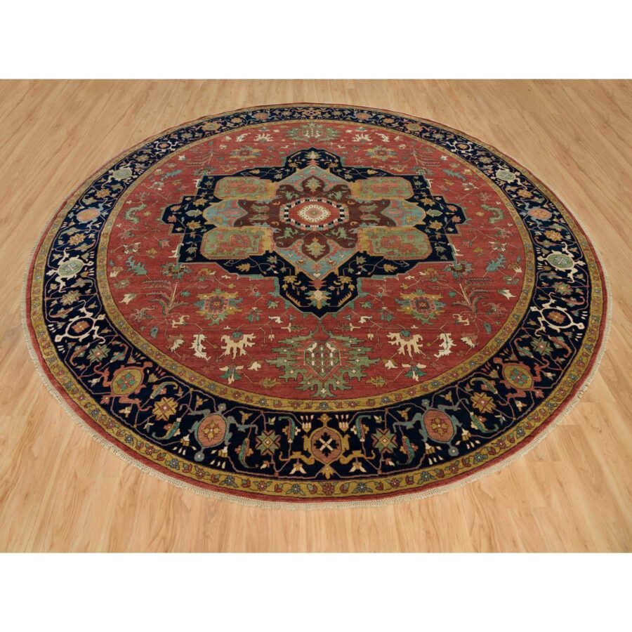 14'x14' Sangria Red With Stratos Blue Border, Antiqued Extra Soft Wool Heriz With Fine Re-Creation, Hand Knotted Oriental Soft Pile Dense Weave Round Rug Sh90297 - Image 2