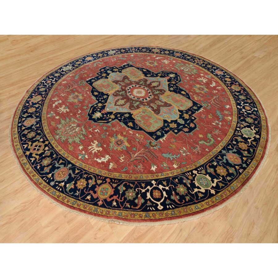 14'x14' Sangria Red With Stratos Blue Border, Antiqued Extra Soft Wool Heriz With Fine Re-Creation, Hand Knotted Oriental Soft Pile Dense Weave Round Rug Sh90297 - Image 3