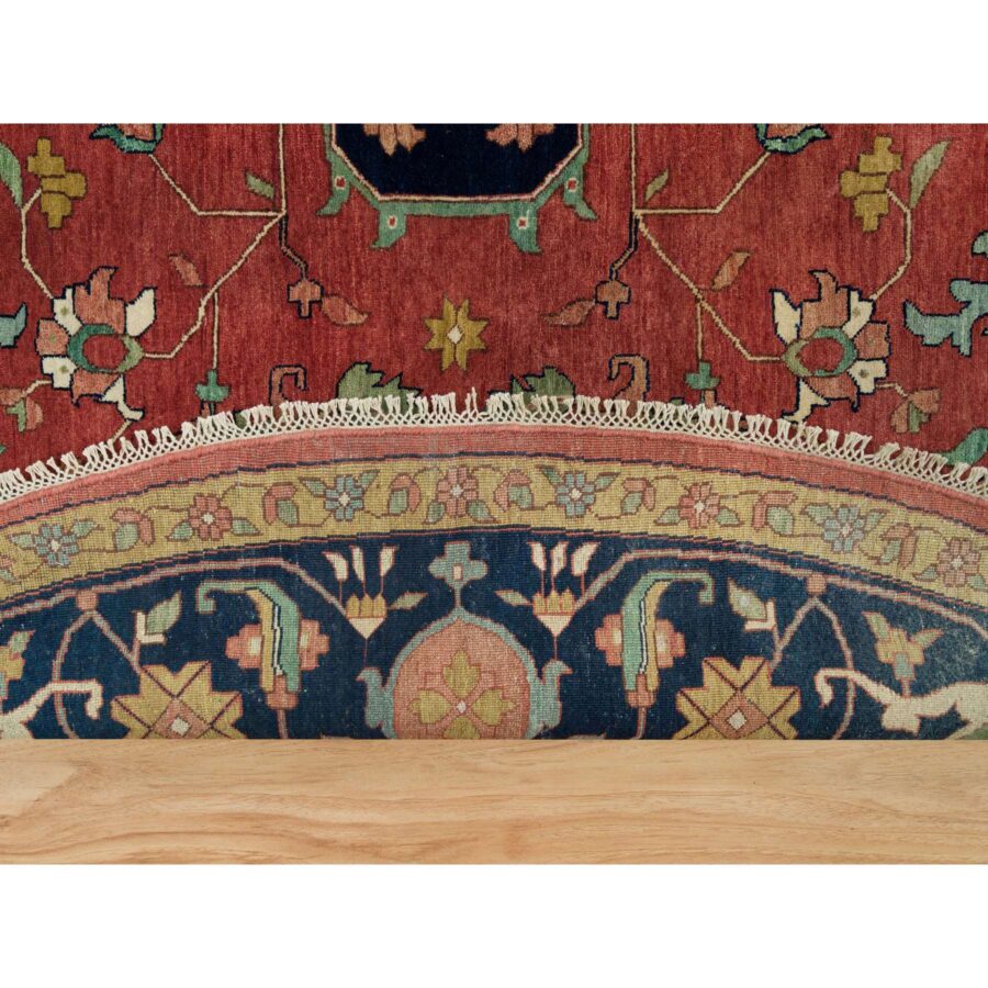 14'x14' Sangria Red With Stratos Blue Border, Antiqued Extra Soft Wool Heriz With Fine Re-Creation, Hand Knotted Oriental Soft Pile Dense Weave Round Rug Sh90297 - Image 4