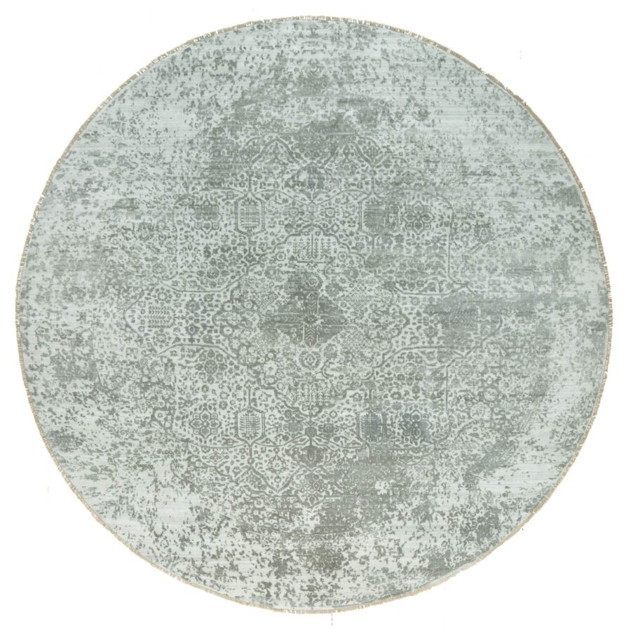 13'10"x13'10" Pale Smoke Gray, Persian Design, Soft to Touch, Denser Weave, Hand Knotted, Wool and Silk, Round Oriental Rug Sh90483