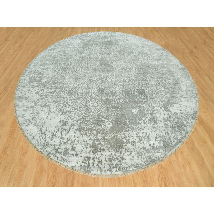 13'10"x13'10" Pale Smoke Gray, Persian Design, Soft to Touch, Denser Weave, Hand Knotted, Wool and Silk, Round Oriental Rug Sh90483 - Image 2