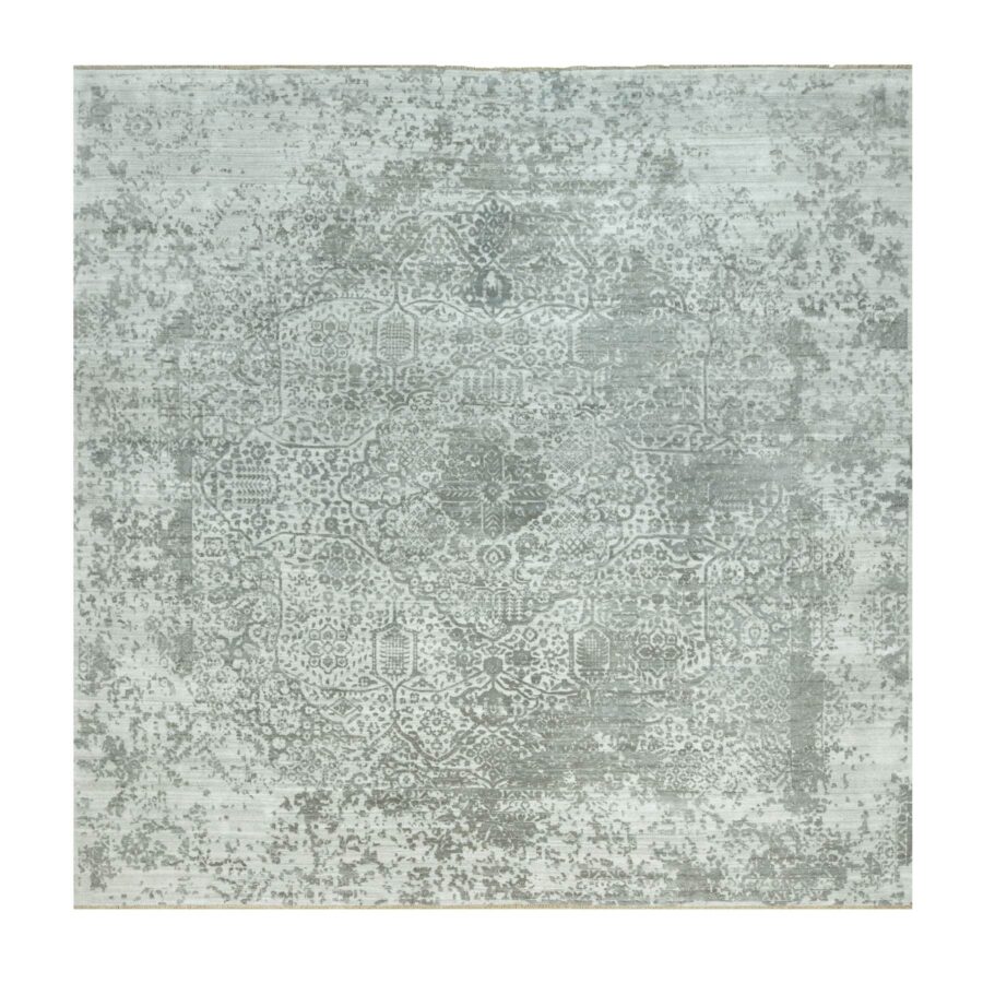 14'x14' Cloudburst Gray, Hand Knotted, Broken Wool and Silk Persian Design, Soft to Touch, Denser Weave, Square Oriental Rug Sh90484