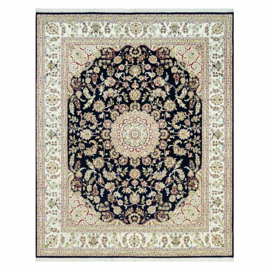 7'9"x9'9" Dark Night Blue, Nain Organic Wool With Large Central Medallion Surrounded By Floral Design, Oriental 250 KPSI Hand Knotted Rug Sh90490