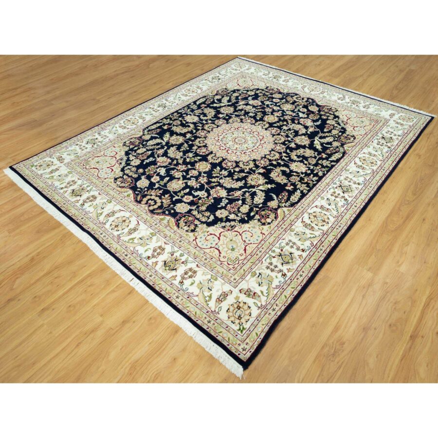 7'9"x9'9" Dark Night Blue, Nain Organic Wool With Large Central Medallion Surrounded By Floral Design, Oriental 250 KPSI Hand Knotted Rug Sh90490 - Image 3
