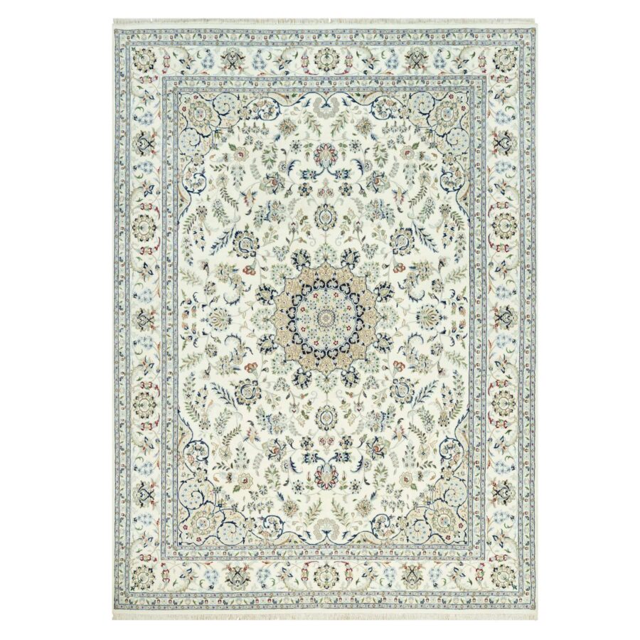 8'10"x12'3" Huron White, Densely Woven Hand Knotted Nain Large Medallion Design, Floral Pattern, 250 KPSI, Vibrant Wool, Oriental Rug Sh90491
