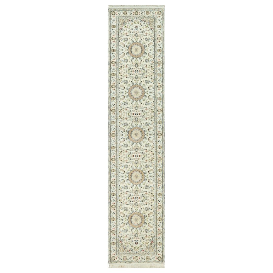 2'8"x12'1" Huntington White, Denser Weave Nain With Central Medallion Flower Design, Hand Knotted, 250 KPSI 100% Wool, Runner Oriental Rug Sh90504