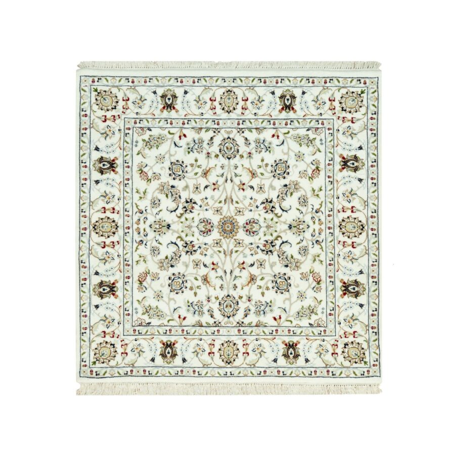 4'x4' Weathered White, 250 KPSI Nain All Over Flower Design, Hand Knotted, All Wool, Square Oriental Rug Sh90508