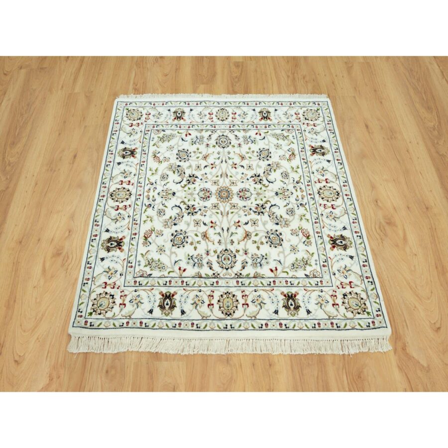 4'x4' Weathered White, 250 KPSI Nain All Over Flower Design, Hand Knotted, All Wool, Square Oriental Rug Sh90508 - Image 2