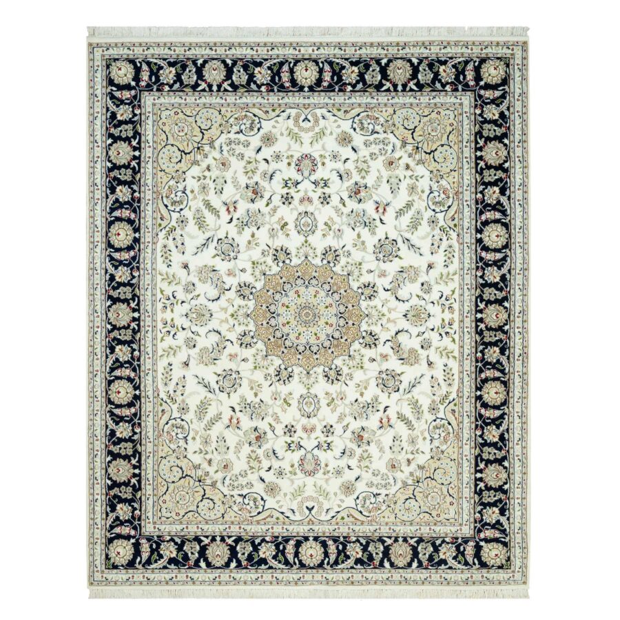 7'10"x10' Origami White, Hand Knotted, 250 KPSI, Nain Organic Wool Center Medallion Flower Design, Denser Weave, Oriental Rug Sh90519