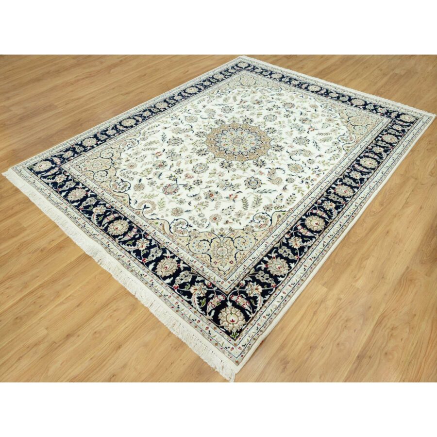 7'10"x10' Origami White, Hand Knotted, 250 KPSI, Nain Organic Wool Center Medallion Flower Design, Denser Weave, Oriental Rug Sh90519 - Image 3