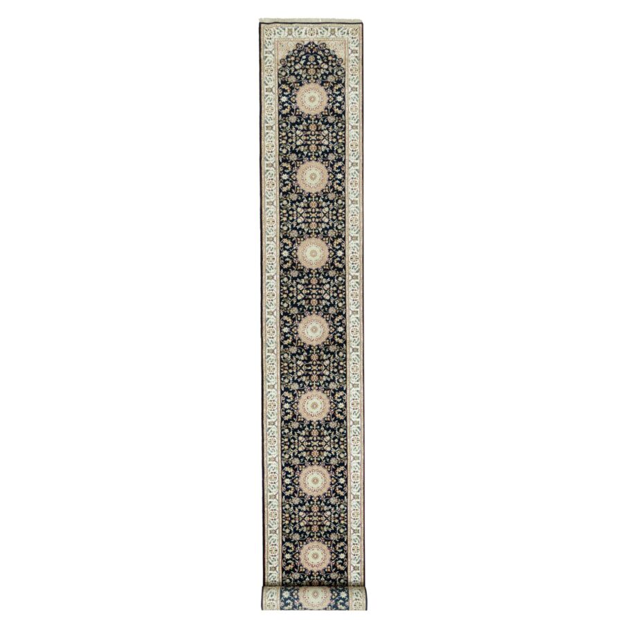 2'9"x20'1" Dallas Cowboys Blue, 250 KPSI, Hand Knotted Central Medallion Flower Design Nain 100% Wool, XL Runner Oriental Rug Sh90610