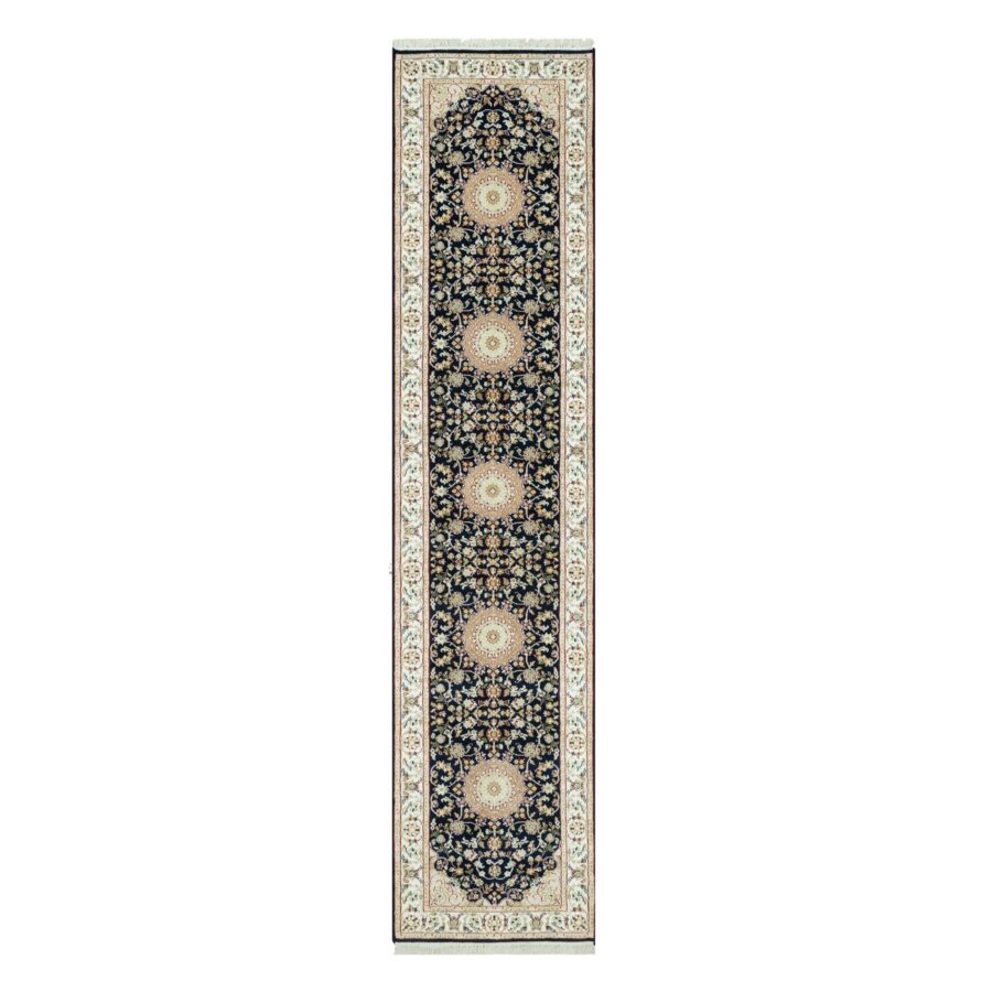 2'9"x12' Polo Blue, 250 KPSI Denser Weave, Nain Vibrant Wool Large Central Medallion Floral Design, Hand Knotted Oriental Runner Rug Sh90611