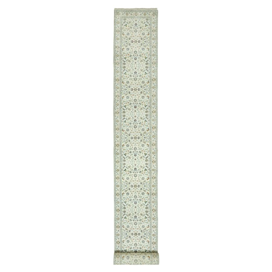 2'9"x20' Cloud Nine White, Nain With Floral Repetitive Design, All Wool 250 KPSI, Hand Knotted XL Runner Oriental Rug Sh90613