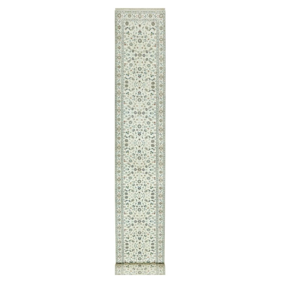 2'10"x19'10" Origami White, 250 KPSI Hand Knotted Nain Design, All Over Floral Motifs, Densely Woven, Shiny Wool XL Runner Oriental Rug Sh90614