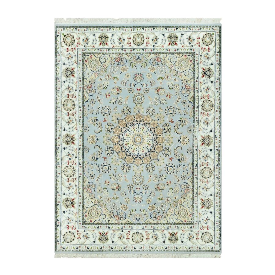 5'x6'9" Brittany Blue, Nain with Center Medallion Flower Design, 250 KPSI, Natural Wool, Hand Knotted, Denser Weave Oriental Rug Sh90620