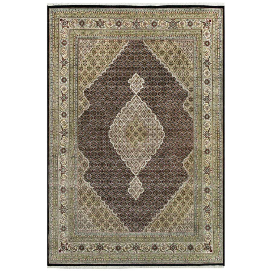 9'8"x14'2" Smoky Black With Swan Wing White, Tabriz Mahi With Fish Medallion Design, Densely Woven 100% Wool, Hand Knotted, Oriental Rug Sh90624